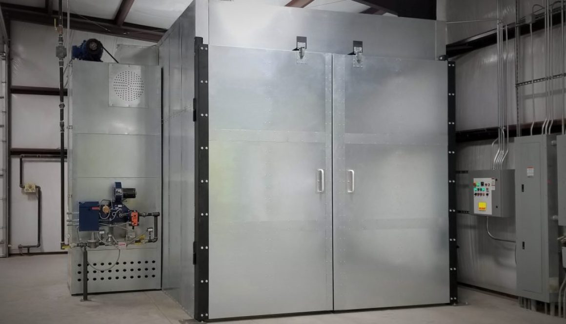 A convection powder curing oven from Reliant Finishing Systems with heated air make-up and control panel
